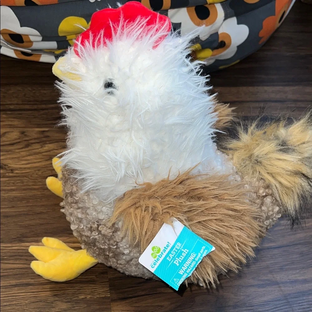 Plush Chicken Bird Toy - White, Brown, Yellow